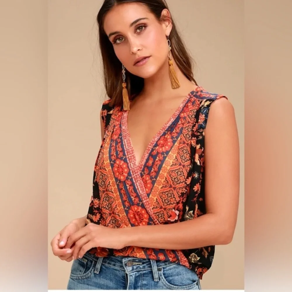 Free People Orange Red Wrap Sleeveless Blouse
